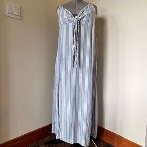 Salty Lemon Blue White Striped Maxi Dress Tie Front Beach Boho Size L